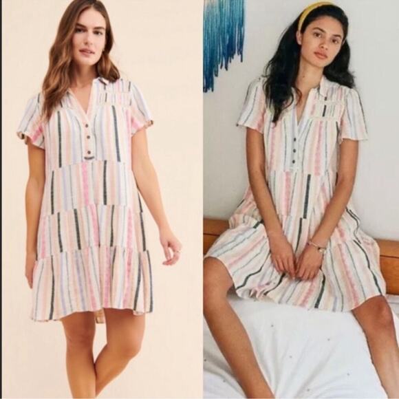 Anthropologie Georgina Tiered Striped Pastel Cotton Shirtdress Size Small - Picture 1 of 16